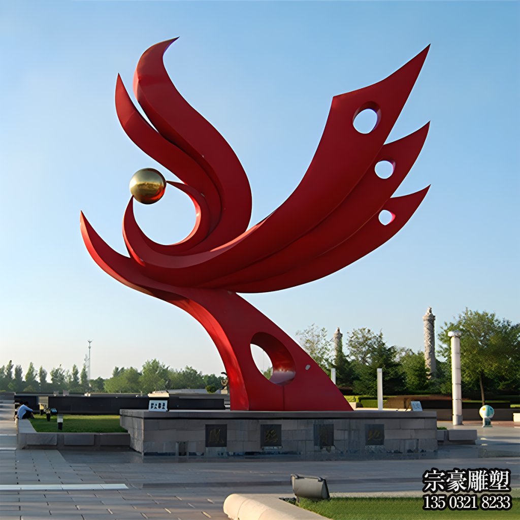 不銹鋼抽象鳳凰雕塑，紅色丹鳳朝陽不銹鋼景觀雕塑